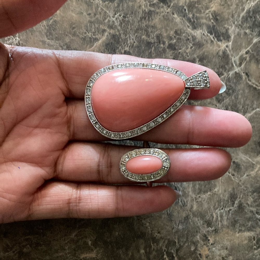 Avon Coral and Silver Pendant and adjustable Ring Set